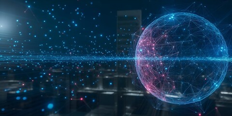 Abstract digital globe with network connections over a cityscape representing global communication and technology for business and innovation concepts