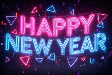 Vibrant neon Happy New Year banner with holographic lighting, geometric shards, and a cyberpunk gradient creating a dynamic