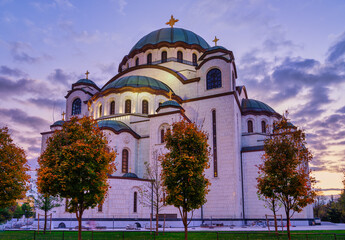 East Facade of Church of Saint Sava illuminated at colorful sunset, Belgrade, Serbia
