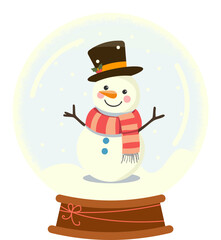 A cheerful snowman wearing a top hat and scarf stands inside a glowing snow globe filled with falling snowflakes.