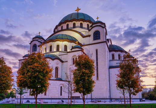 East Facade of Church of Saint Sava illuminated at colorful sunset, Belgrade, Serbia