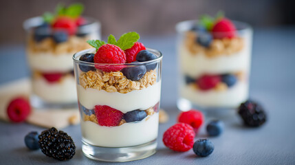 Layered yogurt parfait with granola, blueberries, and raspberries in a clear glass.
