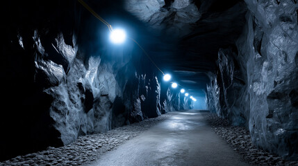 Fototapeta premium A dimly lit underground rock tunnel illuminated by a row of warm industrial lamps. 