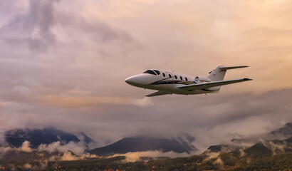 Private Jet Soaring Over Sunset Mountains: A High-Flying Aerial Travel Scene