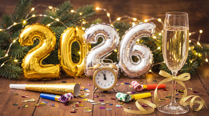 Celebration of New Year with decorations, clock, and drinks welcoming the year 2026 in a festive setting
