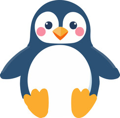 A cute cartoon penguin with rosy cheeks and orange feet is sitting upright and smiling.