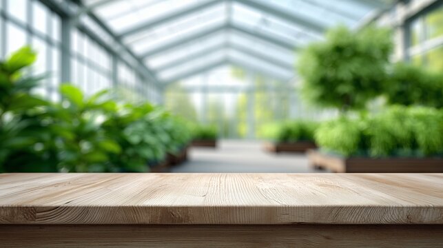Wooden Table in Bright Greenhouse Interior