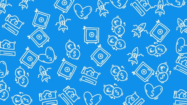 Account pattern background with money, rockets, safes, and doodles on blue surface. Suitable for finance, banking, or investment designs.