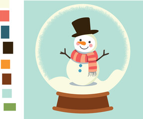 A cheerful snowman wearing a top hat and scarf stands inside a glowing snow globe filled with falling snowflakes.
