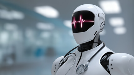 Futuristic medical robot with an ECG pulse display on its visor in a clinical environment.