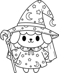 Cartoon dog wizard with magic staff, celestial hat and cloak, cute fantasy character, black and white vector illustration for coloring