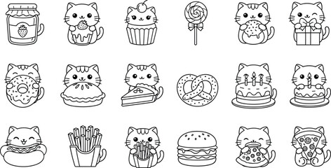 Cartoon cats with food items in playful black and white style, cute character grid, whimsical vector illustration for coloring