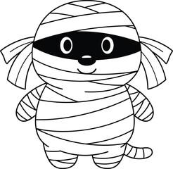Cartoon mummy character with bandages and mask, cute spooky figure, Halloween theme, playful black and white vector illustration