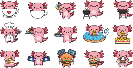 Cartoon pink axolotl in food and fun activities, cute character grid, whimsical snack theme, playful vector illustration set