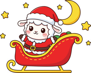 Cartoon lamb in Santa outfit sitting in sleigh with gifts, festive Christmas character, holiday vector illustration, cheerful seasonal theme