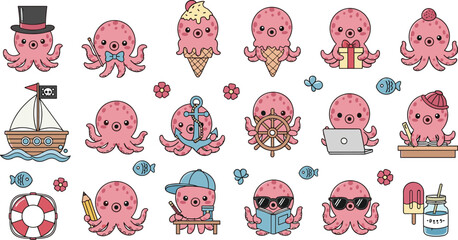 Cartoon pink octopus characters in playful activities and costumes, cute vector illustration grid with accessories and props