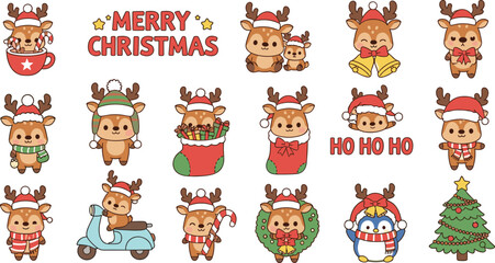 Cartoon reindeer in Christmas costumes and festive poses, cute holiday character grid, seasonal vector illustration with decorations and gifts
