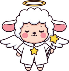 Cartoon sheep dressed as angel with halo, wings, and star wand, cute character vector illustration for holiday or children’s content