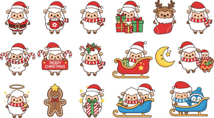 Cartoon sheep in Christmas costumes and festive poses, cute holiday character grid, cheerful seasonal vector illustration with decorations