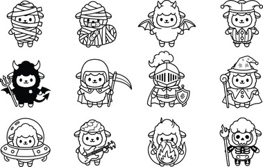 Cartoon sheep in fantasy, horror, and sci-fi costumes, cute character grid, whimsical themed vector illustration for creative content
