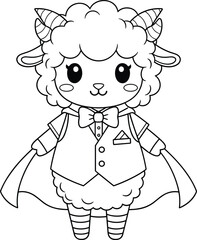 Cartoon sheep in formal suit with cape and bow tie, whimsical character design, cute vector illustration, stylish animal theme