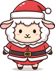 Cartoon sheep in Santa Claus costume with hat and belt, cute festive character vector illustration for holiday-themed content