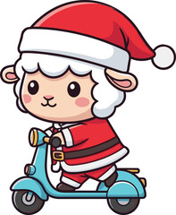 Cartoon sheep in Santa costume riding scooter, festive Christmas character, holiday illustration, whimsical winter theme, cute vector art