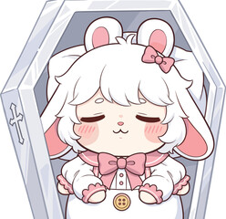 Cartoon sheep or bunny resting in coffin, pastel character illustration with frilly outfit, whimsical and gentle emotional theme