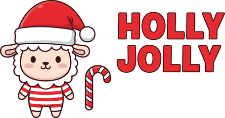 Cartoon sheep with candy cane and HOLLY JOLLY text, cute festive character vector illustration for Christmas holiday content