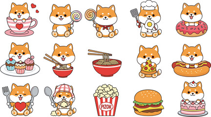 Cartoon Shiba Inu dog with food items and culinary props, cute character grid, playful vector illustration for themed content