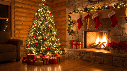 Decorations for a holiday gathering in a cozy room with a Christmas tree, fireplace, and gifts during winter evening hours
