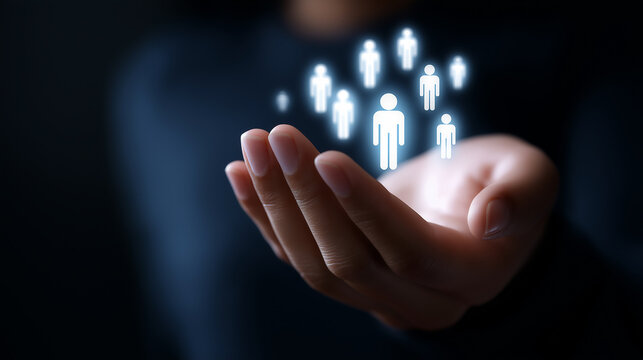 Hand presenting glowing holographic human icons symbolizing recruitment and team management.
