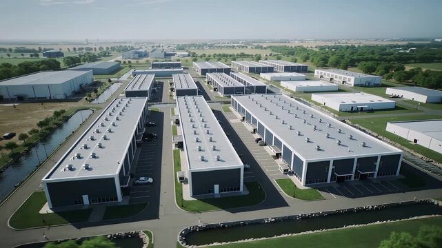 Aerial view of a modern industrial data center computing building complex infrastructure area with numerous warehouses at a business park in daylight 