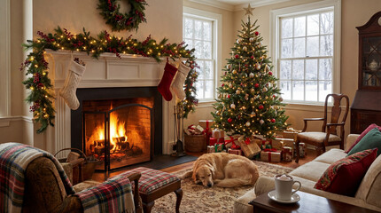 Cozy winter scene in a living room with a decorated Christmas tree, stockings, warm fire, presents, and a dog resting on a rug during the holiday season