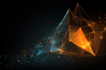 Abstract composition of glowing geometric shapes and tech-inspired patterns, radiating bright colors against a dark background, symbolizing a modern  