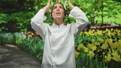 Woman chef with hands on head and pleading gaze, standing on a forest path lined with yellow tulips...