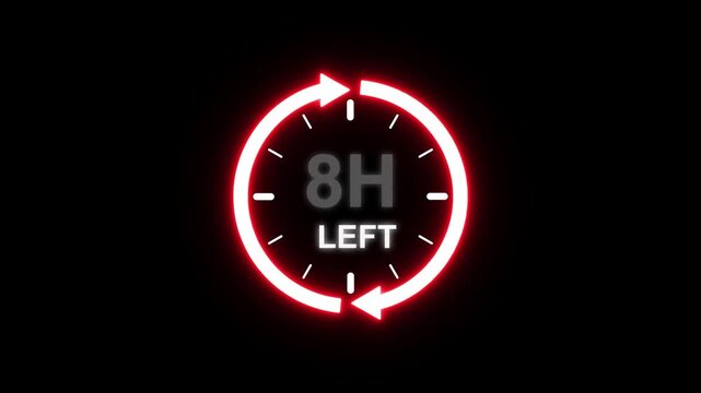 24 hours clock with circle arrow and the numbers 8 Hour left. video animation on alpha channel background, Clock timer, time passage waiting time animation (4K). 2 Hour Countdown timer. Clock icon.