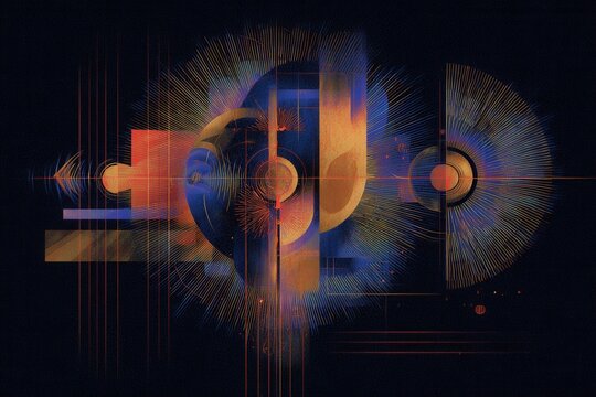 Abstract composition of glowing geometric shapes and tech-inspired patterns, radiating bright colors against a dark background, symbolizing a modern  