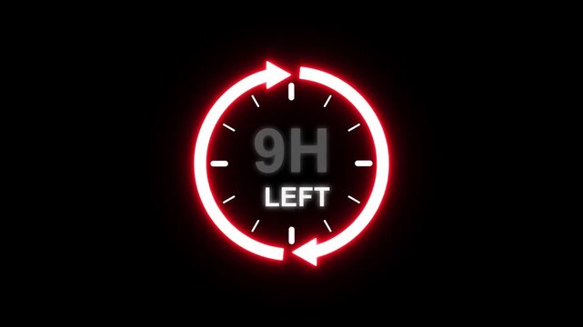 24 hours clock with circle arrow and the numbers 9 Hour left. video animation on alpha channel background, Clock timer, time passage waiting time animation (4K). 2 Hour Countdown timer. Clock icon.