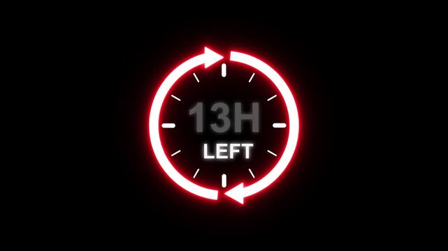 24 hours clock with circle arrow and the numbers 13 Hour left. video animation on alpha channel background, Clock timer, time passage waiting time animation (4K). 2 Hour Countdown timer. Clock icon.