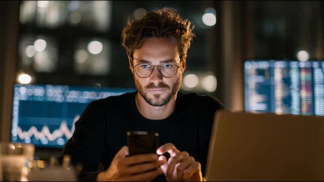 Concentrated financial analyst man working late in the office with stock market data on monitors