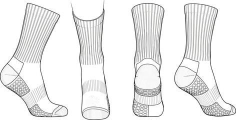 Technical Drawing Vector Template for Crew Socks Featuring Ribbing and Various Fabric Texture Details, Comprehensive Sock Design Flat Sketch with Multiple Views for Fashion Tech Pack.