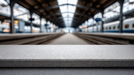 Concrete display surface with blurred modern train station background