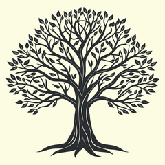 Obraz premium Dark Grey Silhouette Tree With Leaves On Cream Background Keywords: tree, silhouette, dark grey