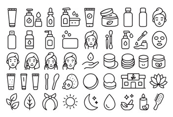 Skincare Line and Outline Icon Set. Beauty, Organic Cosmetic, Facial Treatment, and Spa Vector Icons. Contains icons such as Cream, Serum, Natural Ingredients, Moisturizer, and Face Mask.