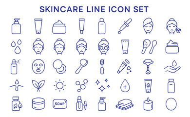Skincare Line Icon Set. Beauty, Cosmetic, Spa, and Dermatology Outline Icons. Contains icons such as Cream, Lotion, Facial Mask, Serum, Moisturizer, and Face Massage.