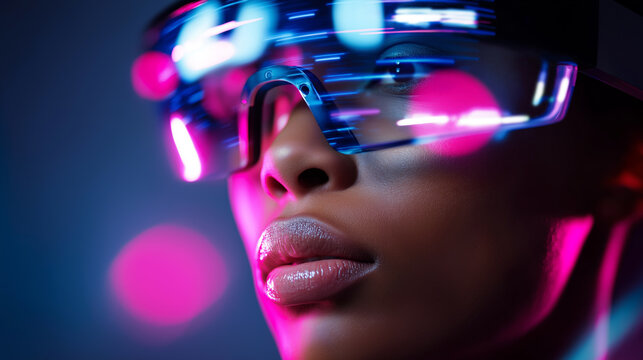 Close-up of a woman wearing reflective AR/VR glasses with neon lighting.
