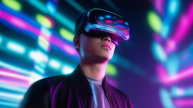 Young man wearing VR headset immersed in a vibrant neon virtual environment.
- Powered by Adobe