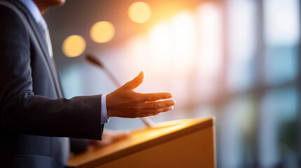 A conference speaker standing at a podium with two microphones addressing an audience.

