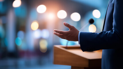 A conference speaker standing at a podium with two microphones addressing an audience.
